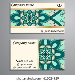 Visiting card and business card set with mandala design element logo. Abstract oriental Layout. Front page and back page