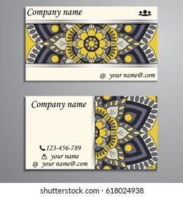 Visiting card and business card set with mandala design element logo. Abstract oriental Layout. Front page and back page