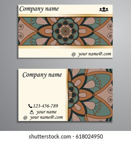 Visiting card and business card set with mandala design element logo. Abstract oriental Layout. Front page and back page