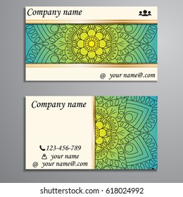 Visiting card and business card set with mandala design element logo. Abstract oriental Layout. Front page and back page