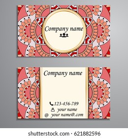 Visiting card and business card set with mandala design element logo. Abstract oriental Layout. Front page and back page