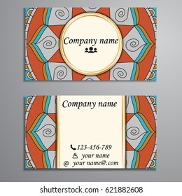 Visiting card and business card set with mandala design element logo. Abstract oriental Layout. Front page and back page