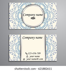 Visiting card and business card set with mandala design element logo. Abstract oriental Layout. Front page and back page