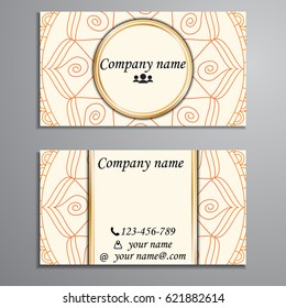 Visiting card and business card set with mandala design element logo. Abstract oriental Layout. Front page and back page