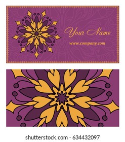 Visiting card and business card set with mandala pattern and simple logo. Abstract oriental design Layout. Front page and back page