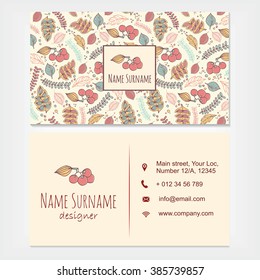 visiting card business set template with decorative hand drawn floral pattern. Restaurant, cafe or boutique branding elements. Flyer design with leaves and berries
