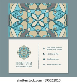 Visiting card or business card template boho style with mandala design. Ottoman motifs