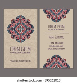 Visiting card or business card template boho style with mandala design. Ottoman motifs