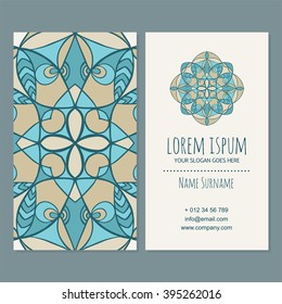 Visiting card or business card template boho style with mandala design. Ottoman motifs