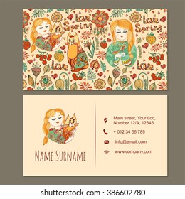 visiting card, business card template with cute hand drawn floral pattern.  cafe or boutique branding elements. Flyer design with flowers,girls,cat