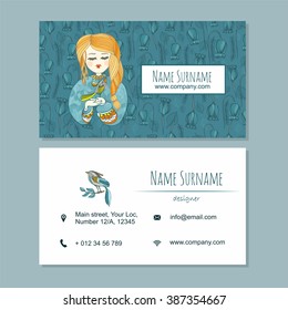 visiting card businesscard template with cute hand drawn pattern. Cafe or boutique branding elements. Identity design with leaves girl and bird