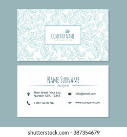 visiting card businesscard template with cute hand drawn pattern. Cafe or boutique branding elements. Identity design with leaves. 