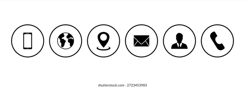 Conjunto de iconos de tarjeta de visita. Conjunto de iconos de contacto para el Web y el Sitio web. Teléfono, llamada, ubicación, globo, uso para el Web y el Sitio web.