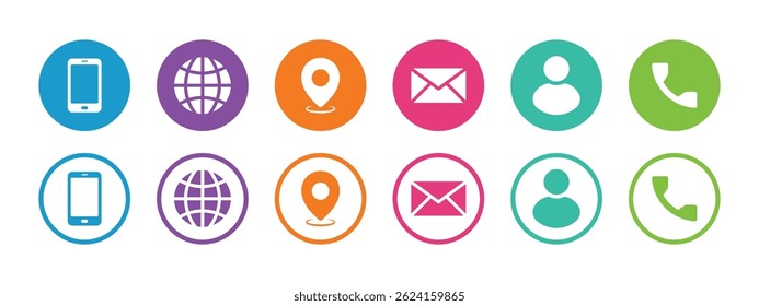 Visiting card icon set in fill and stroke style with different colors. Phone, call, contact, web, location, message and profile icons collection.