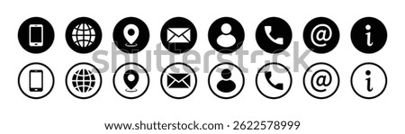 Visiting card icon set in fill and stroke style vector elements for business card design. Phone, contact, web, location, message, profile and information icons collection.