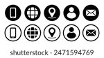 Visiting card icon set with phone, call, contact, message, location, globe, website and profile symbol in black and white color.