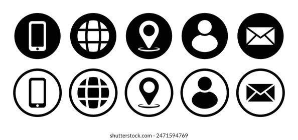 Visiting card icon set with phone, call, contact, message, location, globe, website and profile symbol in black and white color.