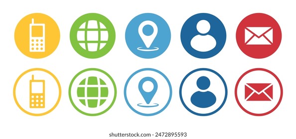 Visiting card icon set with phone, call, contact, message, location, globe, website and profile symbol in colored style.