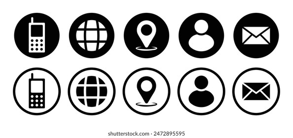 Visiting card icon set with phone, call, contact, message, location, globe, website and profile symbol in black and white color style.