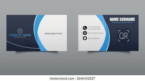 Visiting card. Modern Corporate Business Card Templat. Professional business card template featuring a clean layout with blue accents, QR code, and contact icons. Ideal for corporate branding.