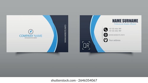 Visiting card. Modern Corporate Business Card Template. Professional business card template featuring a clean layout with blue accents, QR code, and contact icons. Ideal for corporate branding. 