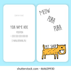 Visiting card for pet shop or veterinary clinic. Variation of logo. Vector illustration with funny cat. Doodle