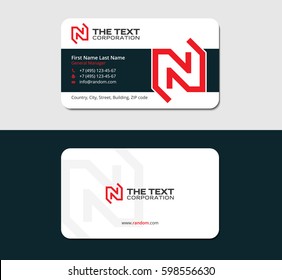 visiting card with red letter N and diagonal up and down arrows