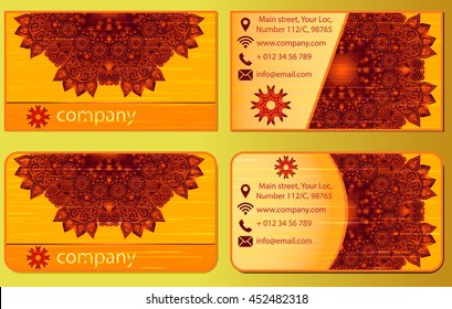 Visiting card set. Floral mandala pattern and ornaments. Oriental design Layout. Islam, Arabic, Indian. Front page and back page. For greeting, invitation card, or cover.