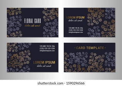 Visiting card template design set. Elegant gold and mauve colored gypsophila branches with flowers on the dark background. EPS 10 vector illustration.