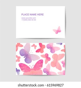 Visiting Card Vector Template With Pink Watercolor Butterflies