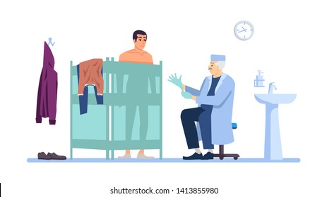 Visiting Clinic Flat Vector Illustration. Male Patient, Doctor Isolated Cartoon Characters On White Background. Medical Check, Exam. Surgeon Physician, Proctologist Cabinet. Healthcare, Treatment