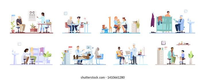 Visiting clinic flat vector illustrations set. Doctors, patients isolated cartoon characters on white background. Medical exam. Ophthalmologist, cardiologist, dermatologist, surgeon, pediatrician