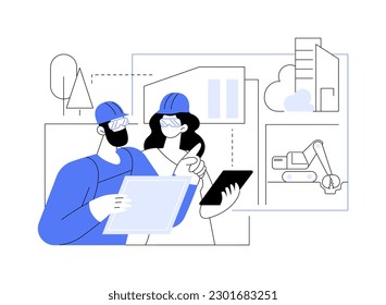 Visiting construction site abstract concept vector illustration. Group of architects at construction site, looking at residential area plan, building private house process abstract metaphor.