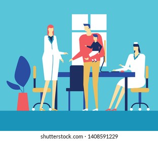 Visiting a doctor - colorful flat design style illustration on blue background. A composition with a father holding a baby in arms, talking with a pediatrician and nurse. Medicine, healthcare concept
