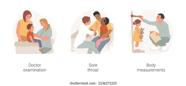 Visiting family doctor isolated cartoon vector illustration set. Doctor examine child with stethoscope, check sore throat with a stick, kid with open mouth, make body measurements vector cartoon.