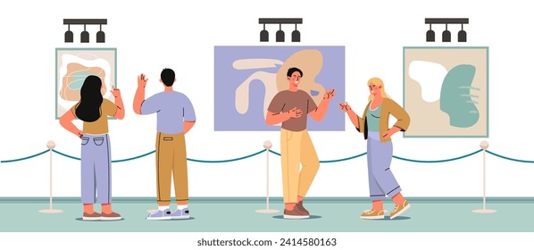 Visiting gallery concept. Men and women at exhebitions and museums. Cultural rest and leisure. People with art objects. Cartoon flat vector illustration isolated on white background