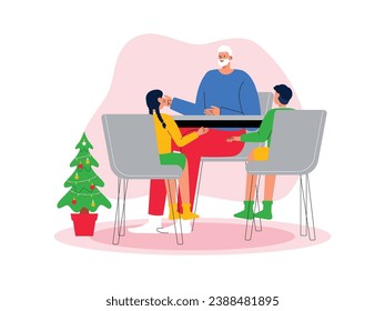 Visiting grandfather's house on Christmas, enjoying time together by chatting, end of year vector illustration.