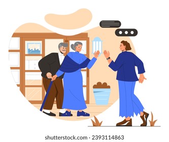 Visiting grandparents concept. Daughter came to elderly parents. Young girl near grandmother and grandfather. Parenthood. Cartoon flat vector illustration isolated on white background