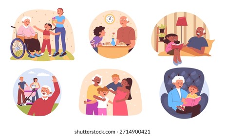 Visitando o conjunto de conceitos de avós para web design. Coleção com desenho animado idosos passatempo com família. Vindo para avós ou avôs e se divertindo. Ilustração vetorial.