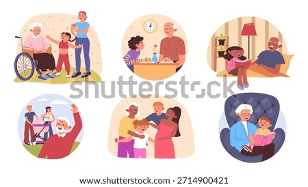 Visiting grandparents concept set for web design. Collection with cartoon elderly people pastime with family. Grandchilds coming to grandmothers or grandfathers and having fun. Vector illustration.