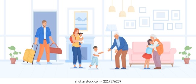 Visiting grandparents. Happy family with children visit grandparent, kid run to grandfather, grandmother and child embrace, grandchildren greeting man, vector illustration of grandchild togetherness