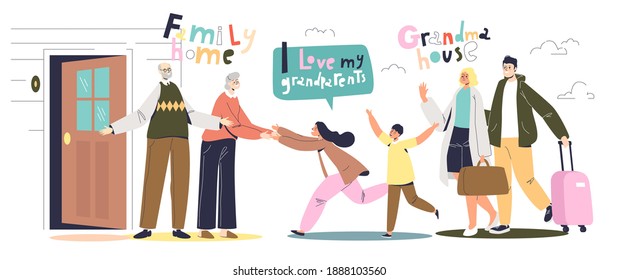 Visiting grandparents: happy little kids and parents visiting grandmother and grandfather house. Family meeting and reunion concept. Meeting grandma and grandpa. Cartoon vector illustration