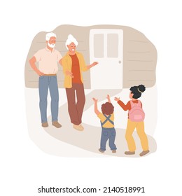 Visiting grandparents isolated cartoon vector illustration. Grandpa opening the door, grandma standing with open arms, kids run towards grandparents, family visiting relatives vector cartoon.