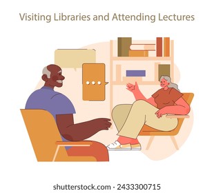 Visiting libraries and attending lectures concept. Curious seniors enriching knowledge, partaking in educational sessions. Embracing continuous learning and discussion.