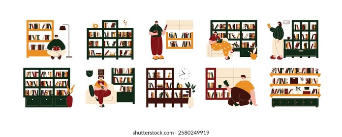 Visiting the library with a complete variety of books, vector illustrations.