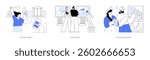 Visiting a museum isolated cartoon vector illustrations set. Buying tickets, city trip, couple listen to audio guide, wearing headset, art gallery exhibition, people buying souvenirs vector cartoon.