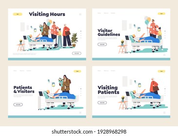 Visiting patient in hospital concept of set of landing pages templates with family around sick man bed in modern hospital room or ward. Cartoon flat vector illustration