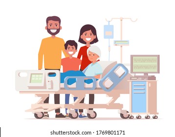 Visiting Patient Illustration. Family Visit At Hospital Sick Grandma Lying In A Medical Bed. Vector Illustration In A Flat Style