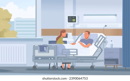 Visiting a relative of a sick person in a hospital room. Support and care of relatives while the patient is hospitalized. Vector illustration in flat style