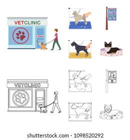 Visiting a vet clinic, a signboard of a stylish salon for a pet, a haircut of dogs. Vet clinic and pet,dog care set collection icons in cartoon,outline style vector symbol stock illustration web.